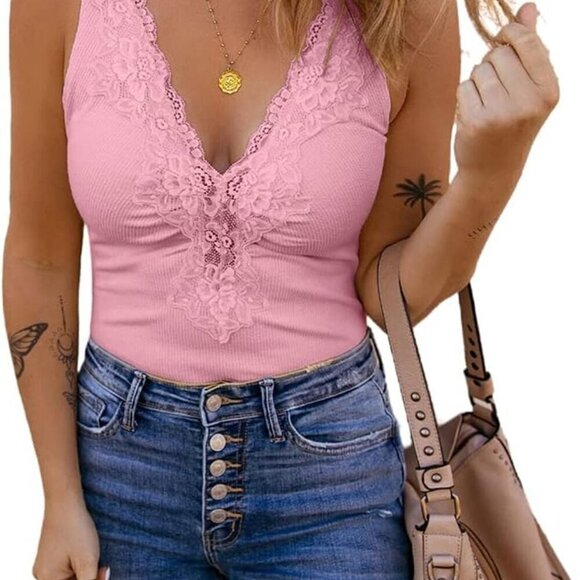 Tops - Womens Lace V Neck Tank Top Slim Fit Summer Camisole Lightweight